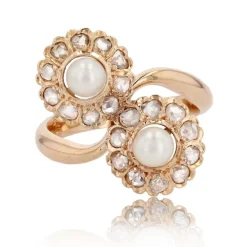 Bague ancienne duo marguerites perles diamants