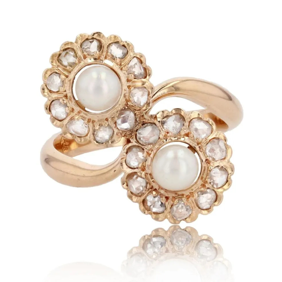 Bague ancienne duo marguerites perles diamants