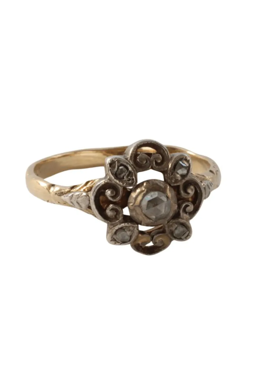 Bague ancienne en or 14 carats et argent avec diamants taille rose