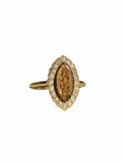 Bague ancienne en or jaune 18k œil de tigre et perles