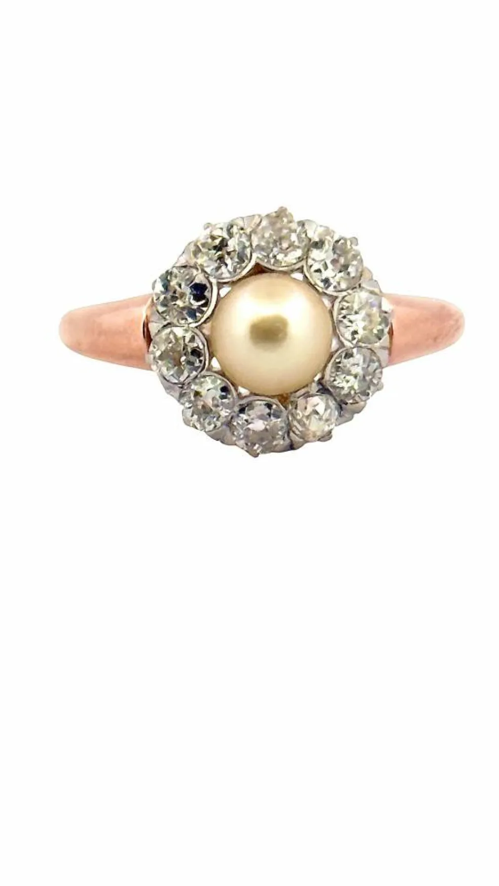 Bague ancienne en or rose 18 carats perle et diamants