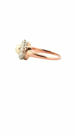 Bague ancienne en or rose 18 carats perle et diamants