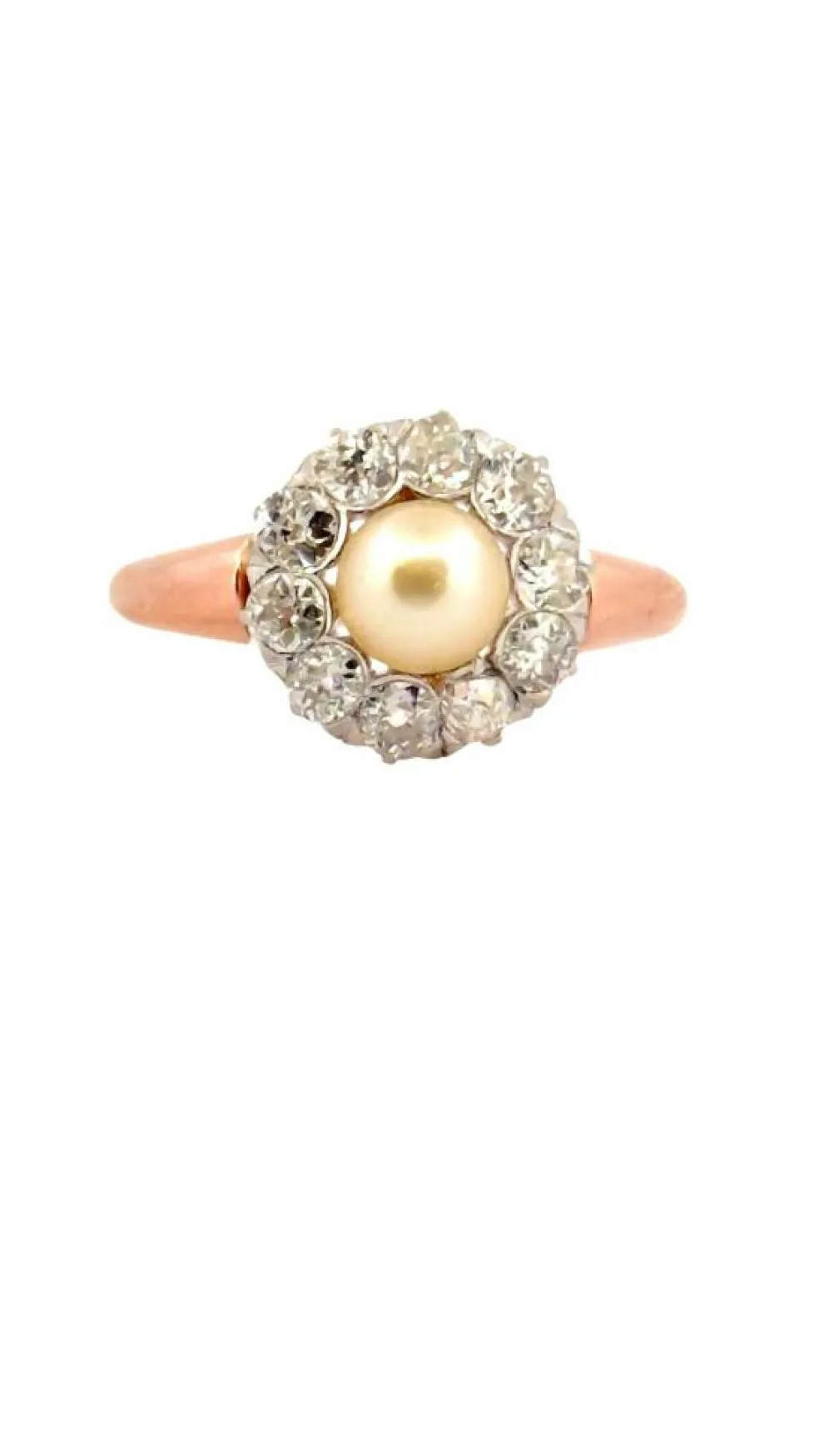 Bague ancienne en or rose 18 carats perle et diamants