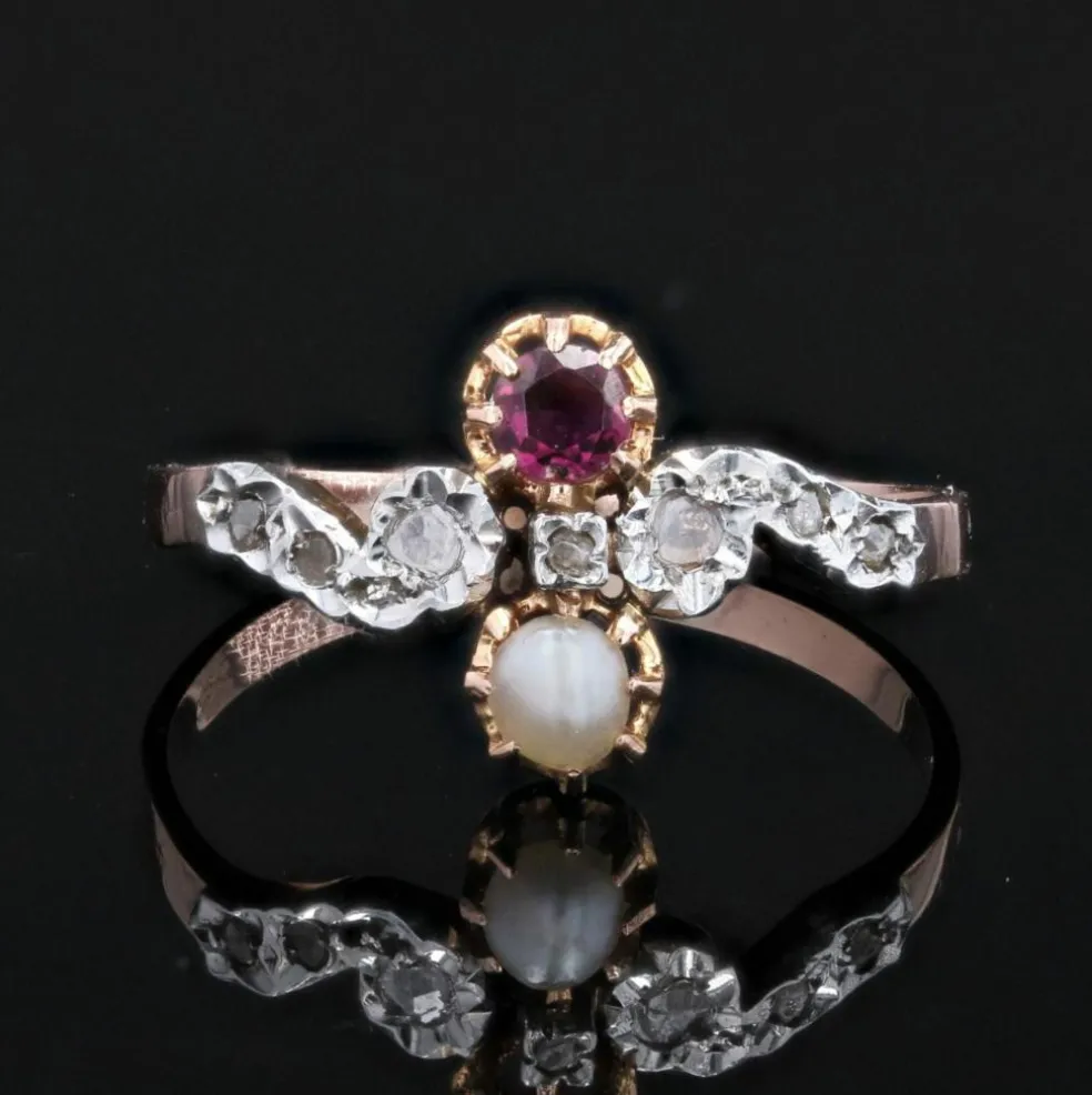 Bague ancienne grenat perle fine diamants