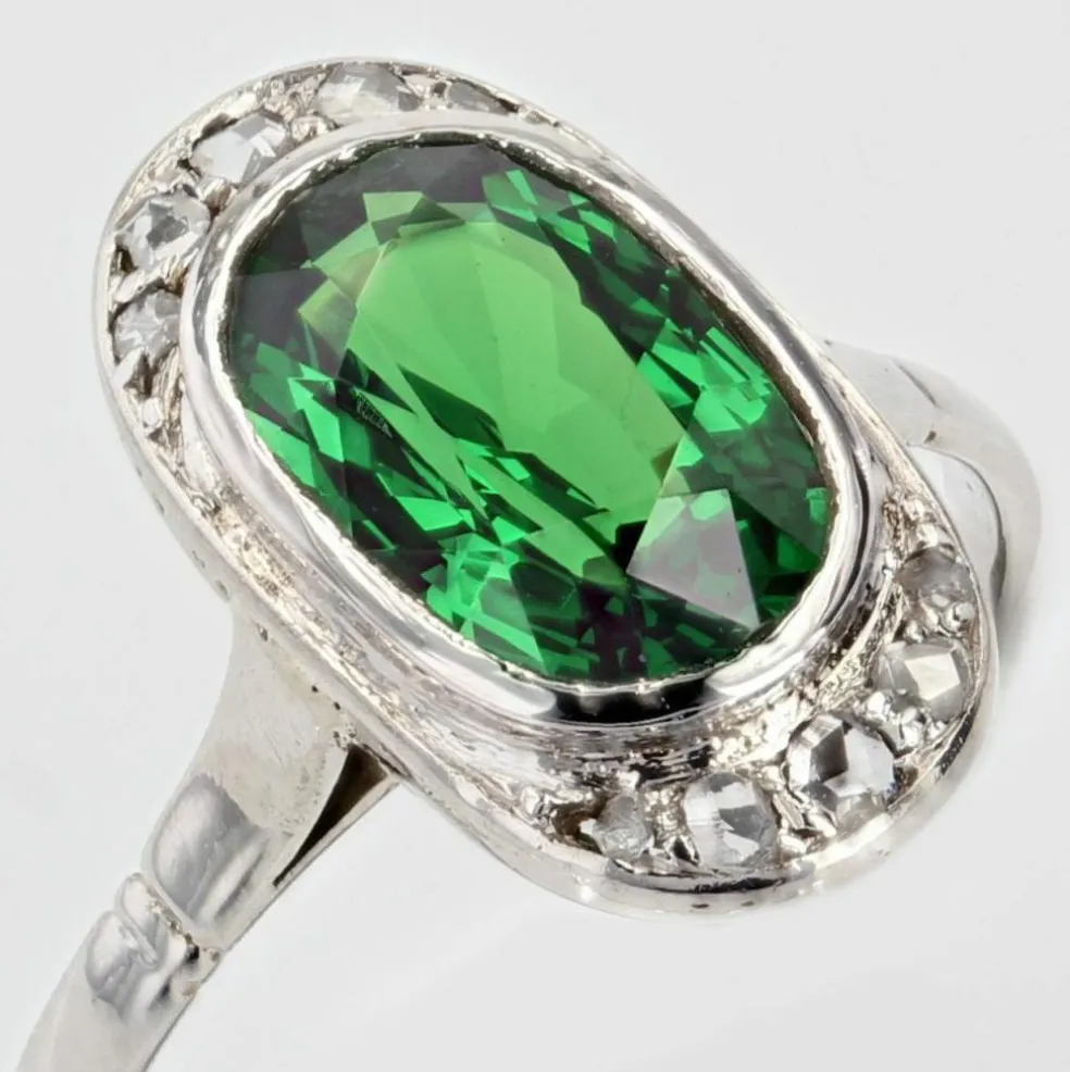 Bague ancienne grenat tsavorite et diamants en rose