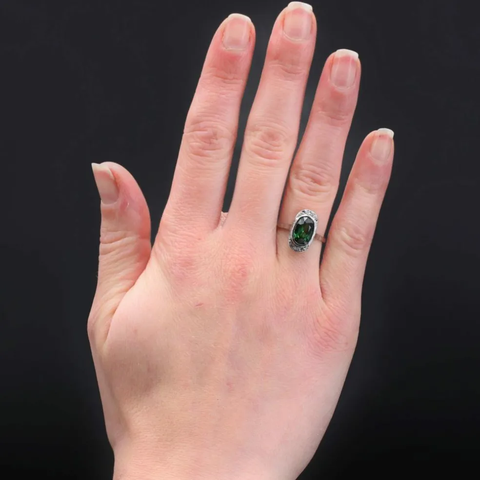 Bague ancienne grenat tsavorite et diamants en rose