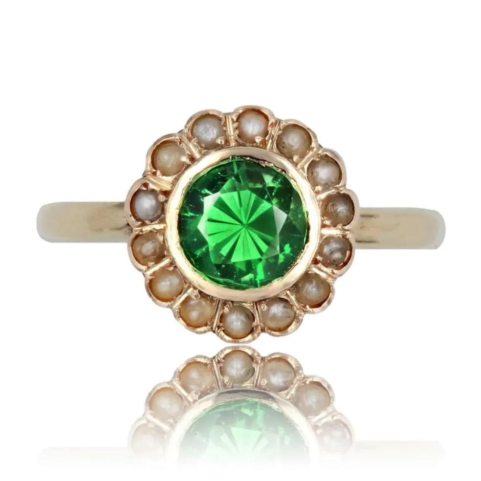 Bague ancienne grenat vert et perles fines