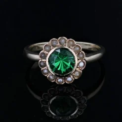 Bague ancienne grenat vert et perles fines