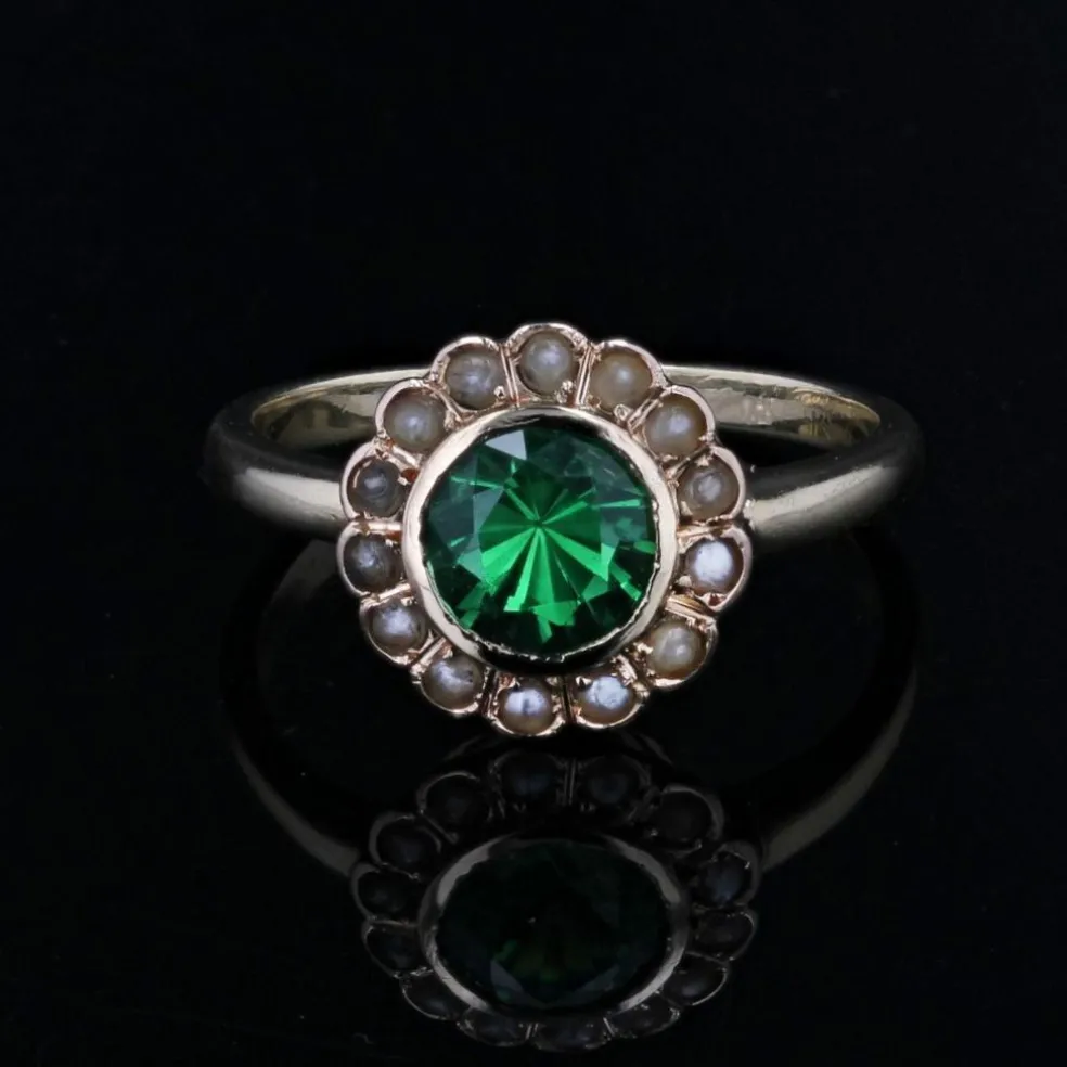 Bague ancienne grenat vert et perles fines