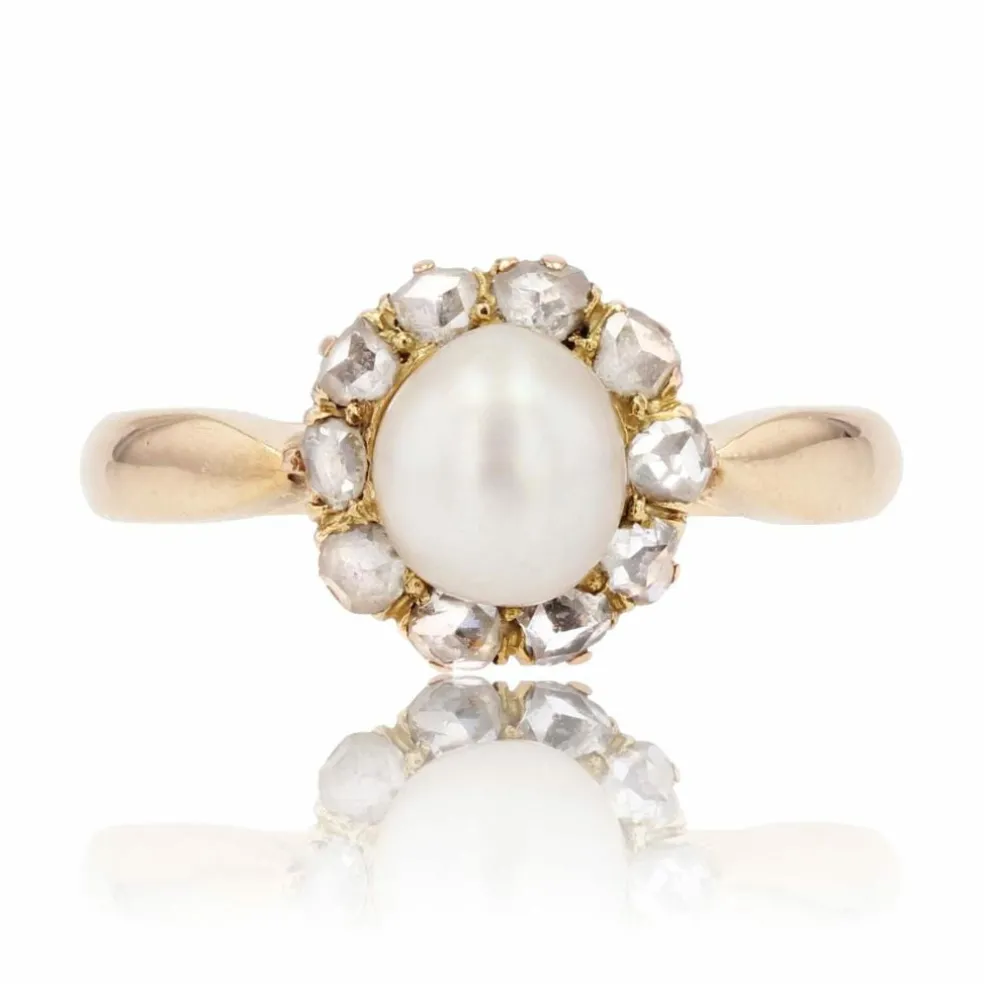 Bague ancienne marguerite perle fine et diamants