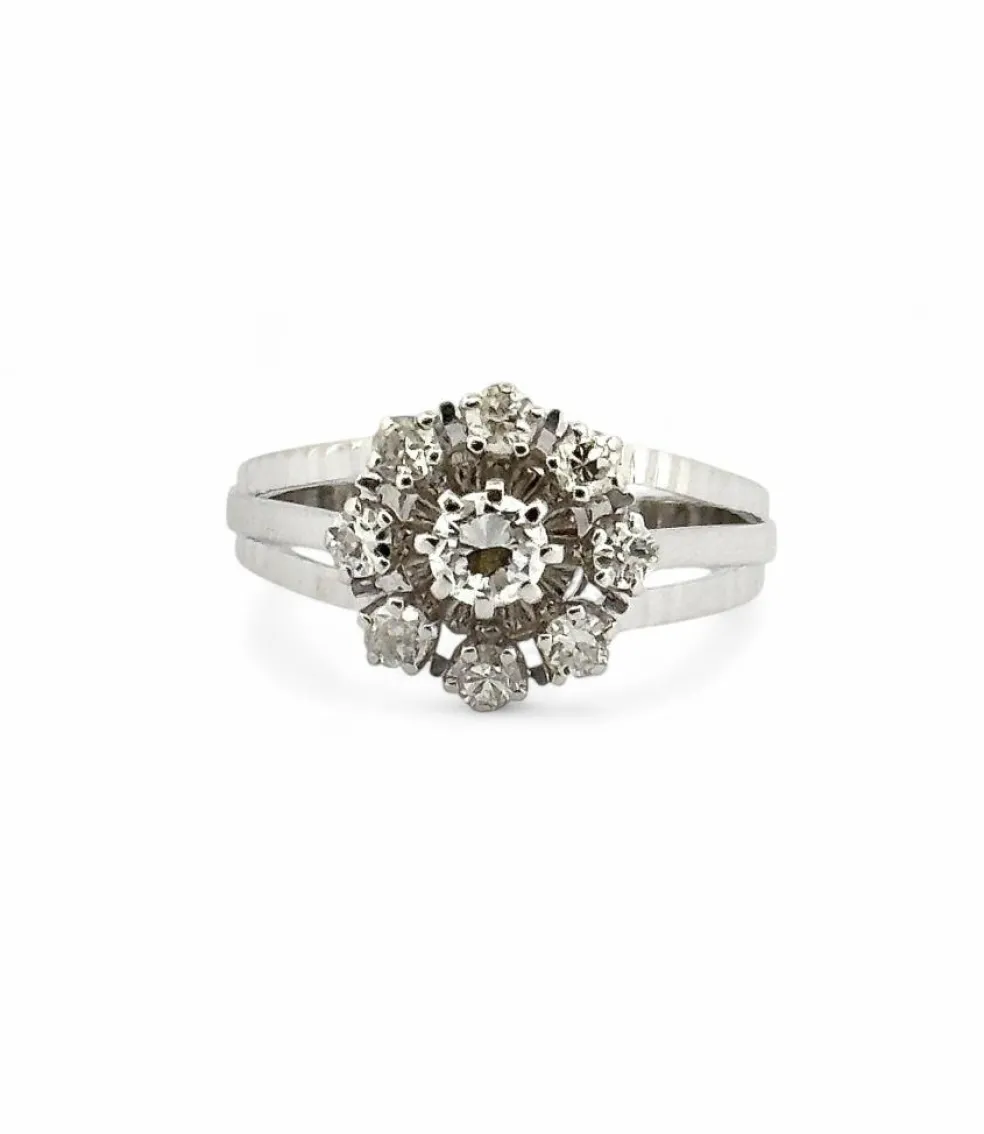 Bague ancienne marguerite or blanc et diamants