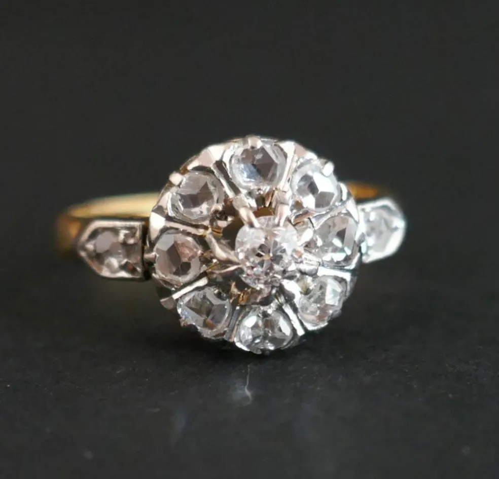 Bague Ancienne Marguerite Diamant taille ancienne et Diamants taille rose