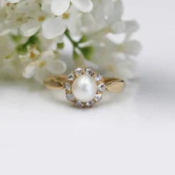 Bague ancienne marguerite perle fine et diamants