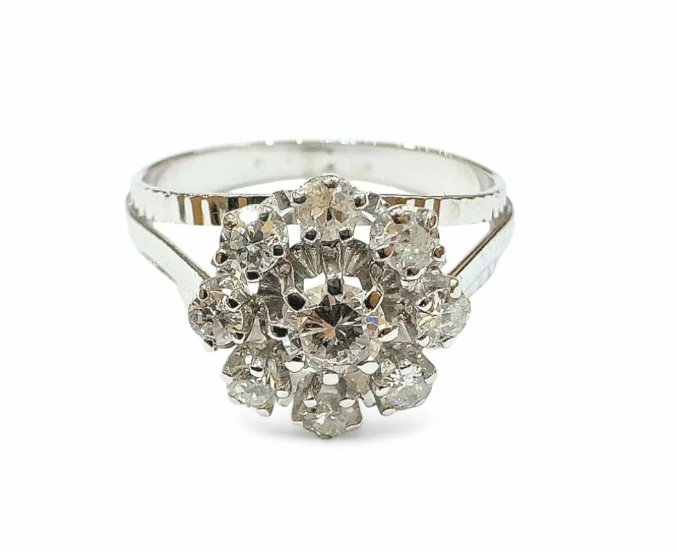 Bague ancienne marguerite or blanc et diamants