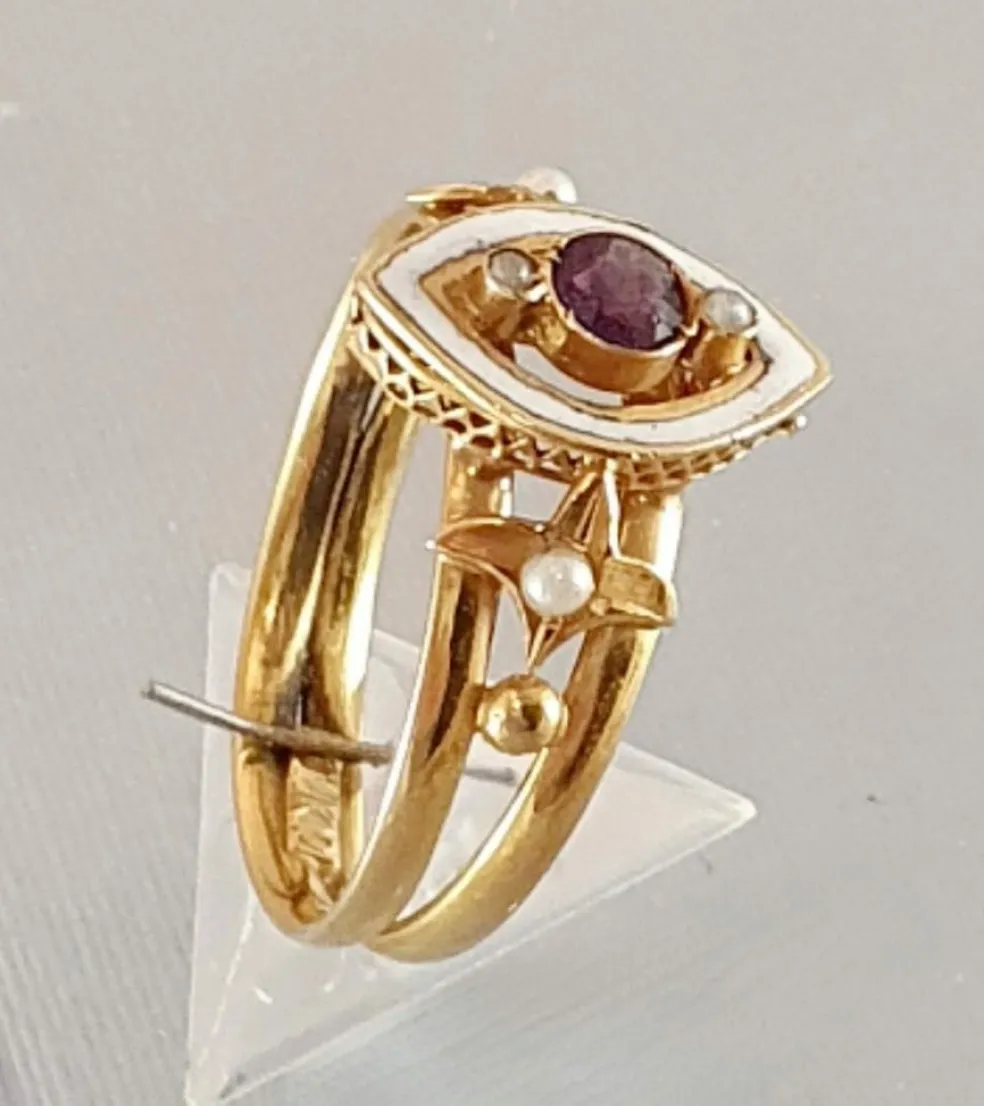 BAGUE ANCIENNE MARQUISE EMAIL AMETHYSTE PERLES