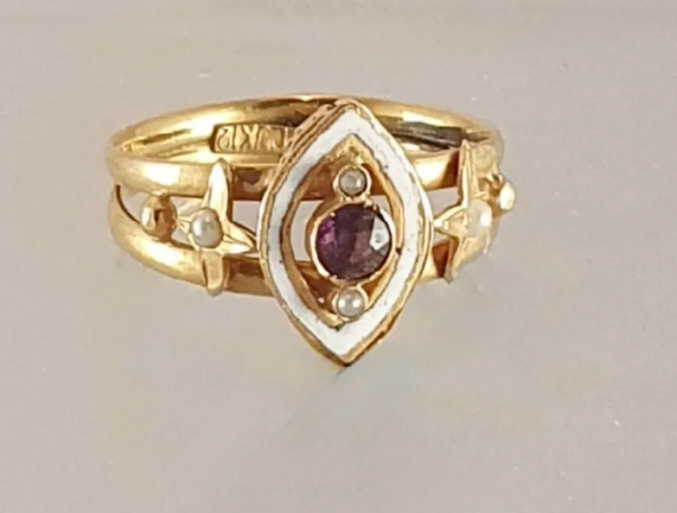 BAGUE ANCIENNE MARQUISE EMAIL AMETHYSTE PERLES