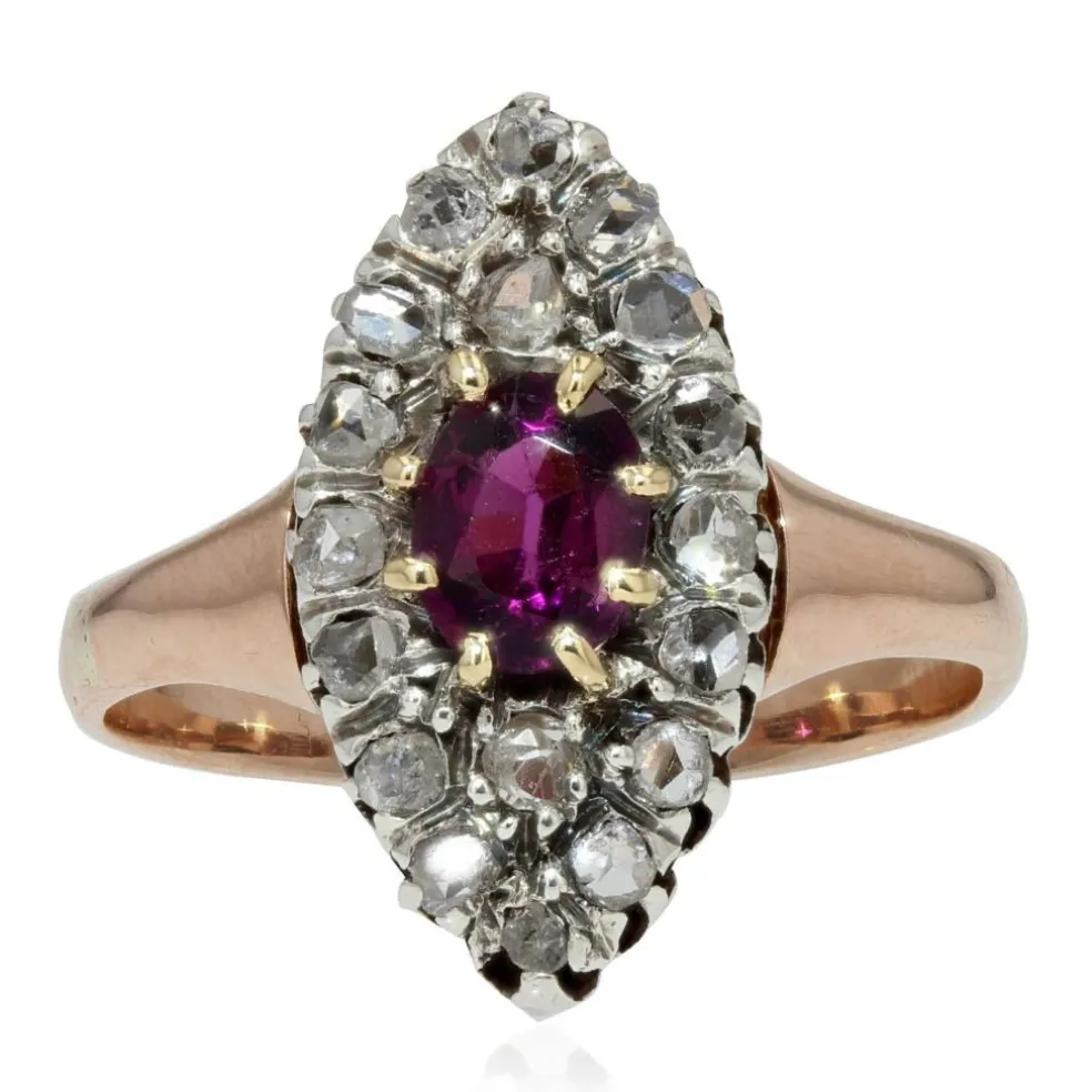 Bague ancienne marquise grenat et diamants