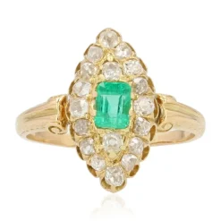 Bague ancienne marquise émeraude diamants