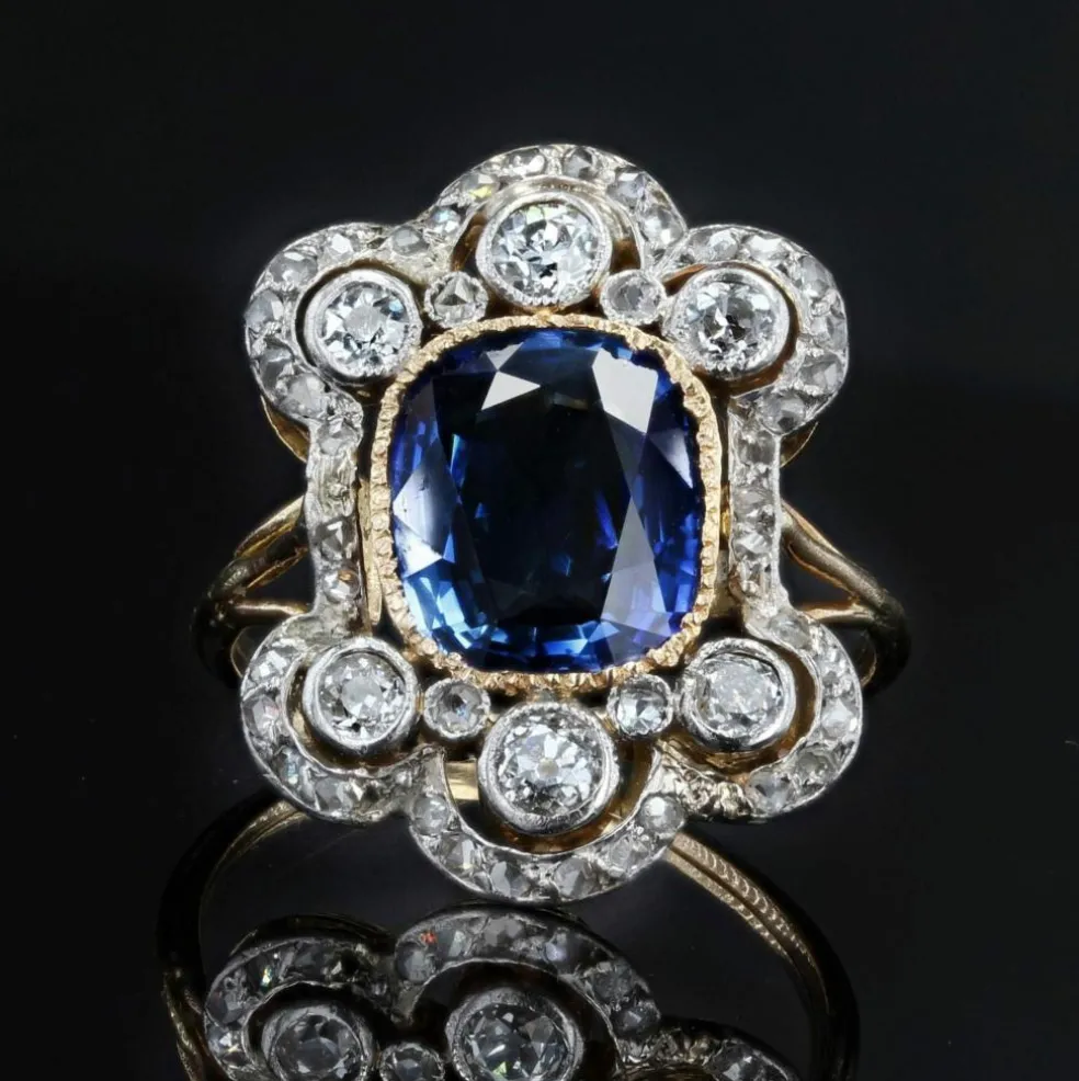 Bague ancienne Napoléon III saphir diamants