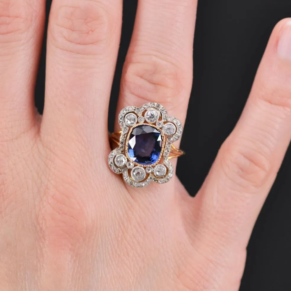 Bague ancienne Napoléon III saphir diamants