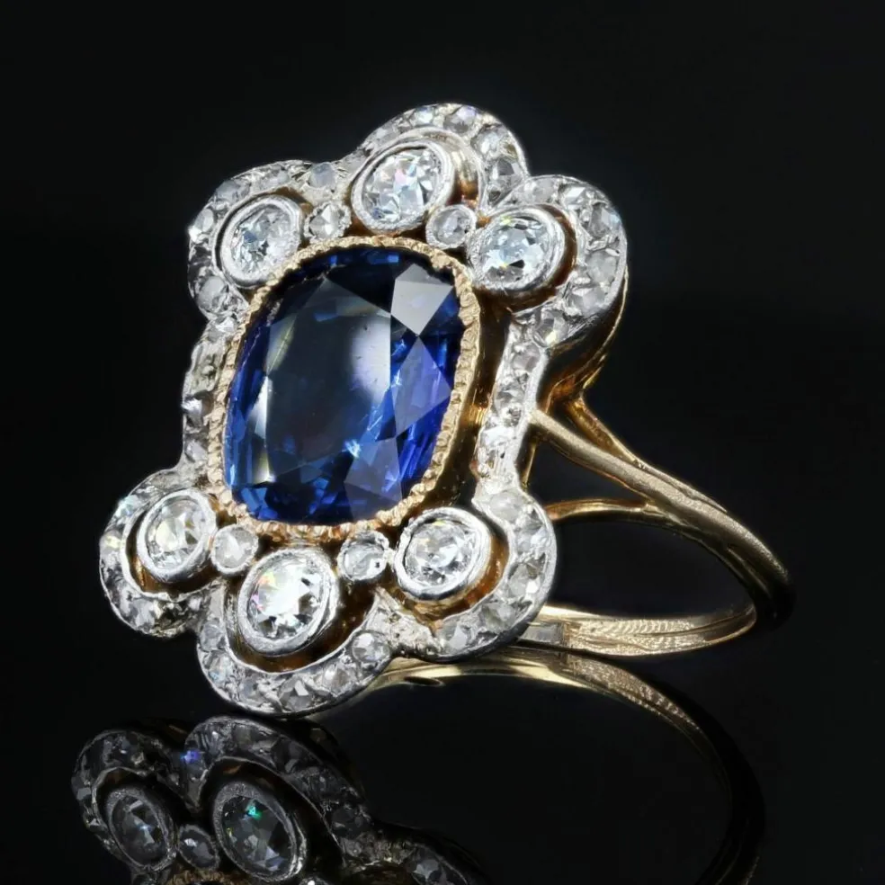 Bague ancienne Napoléon III saphir diamants