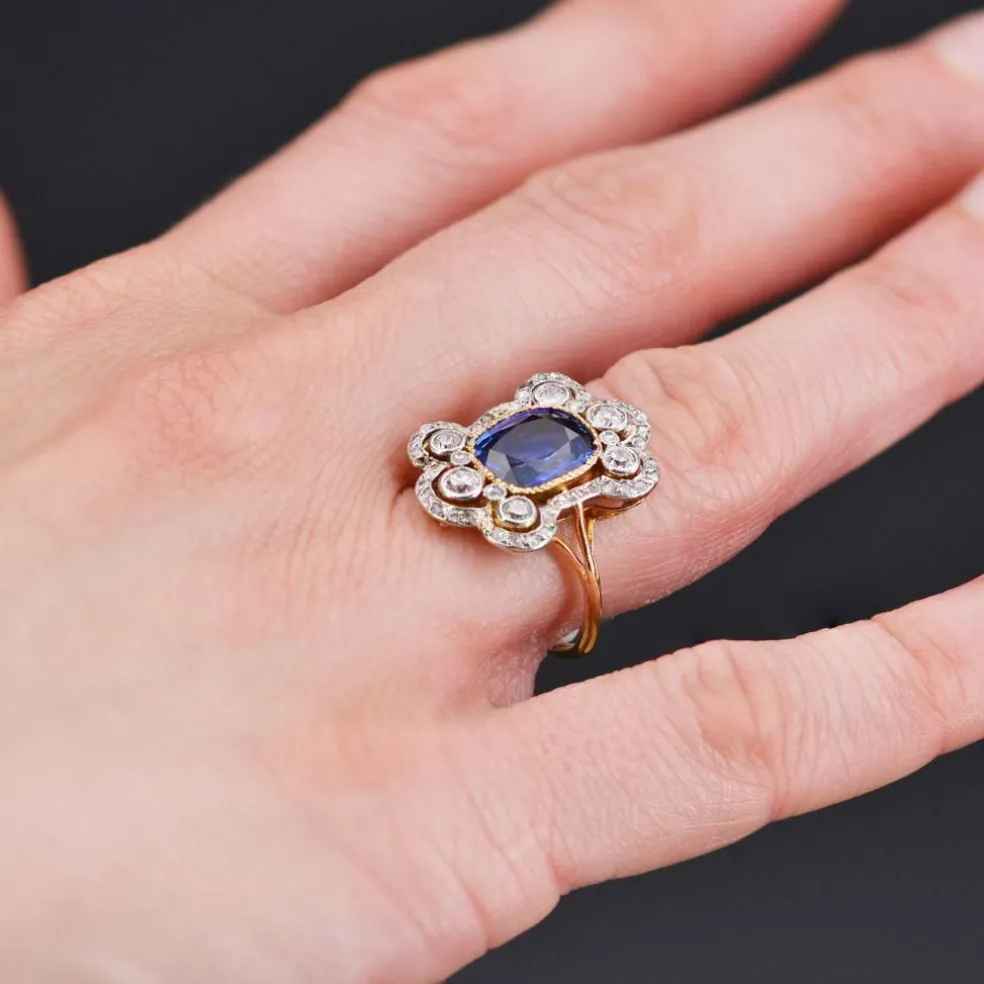 Bague ancienne Napoléon III saphir diamants