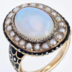 Bague ancienne opale perles fines émail