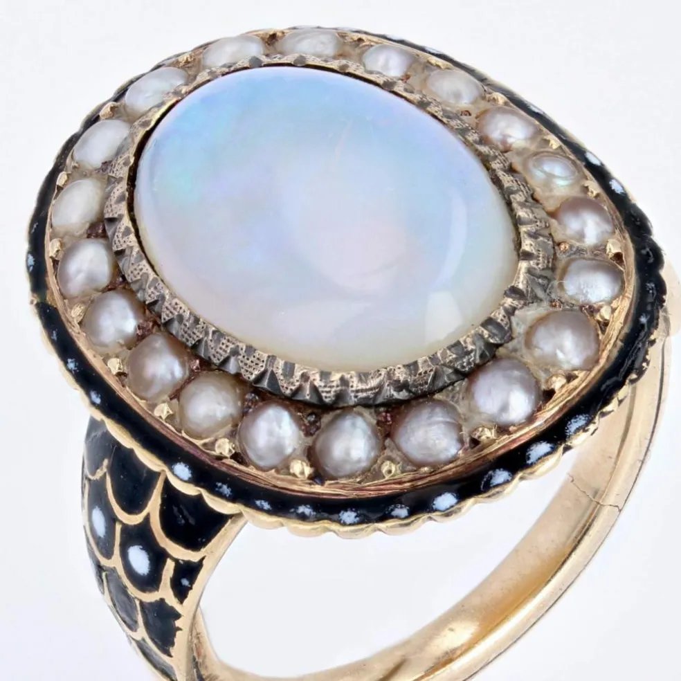 Bague ancienne opale perles fines émail