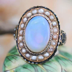 Bague ancienne opale perles fines émail