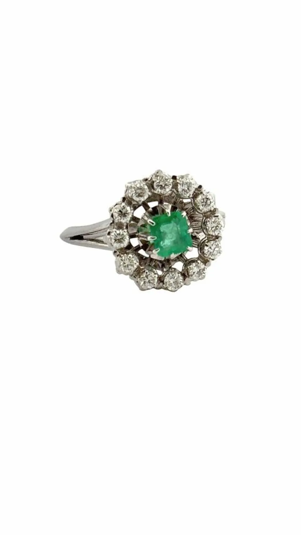 Bague ancienne or blanc diamants et émeraude