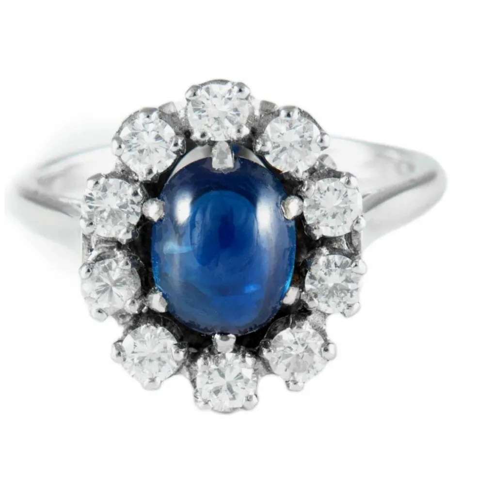 Bague Ancienne Or Blanc Platine Saphir Cabochon