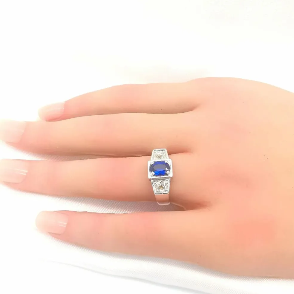 Bague ancienne or blanc saphir & diamants