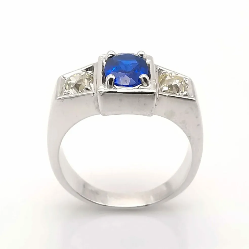 Bague ancienne or blanc saphir & diamants