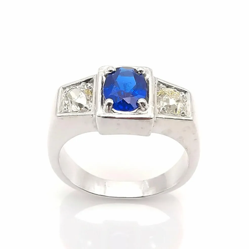 Bague ancienne or blanc saphir & diamants