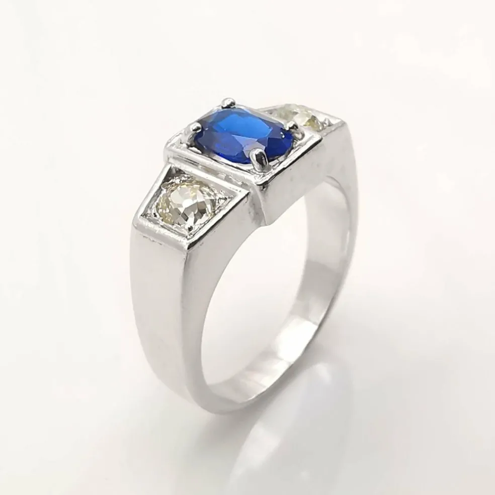 Bague ancienne or blanc saphir & diamants