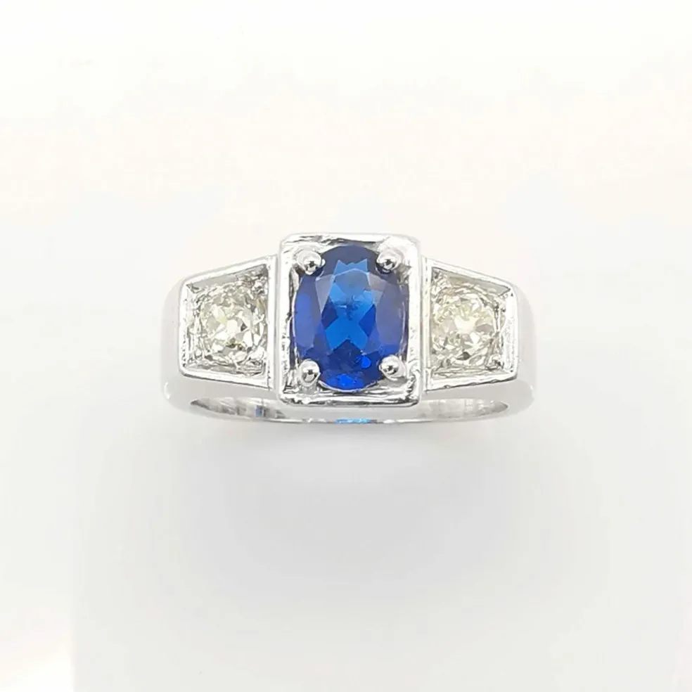 Bague ancienne or blanc saphir & diamants