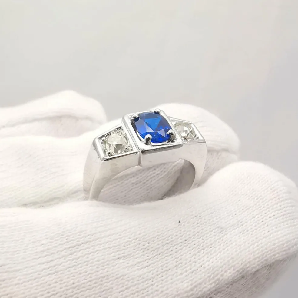 Bague ancienne or blanc saphir & diamants
