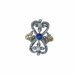 Bague ancienne or jaune, argent, saphir, diamants