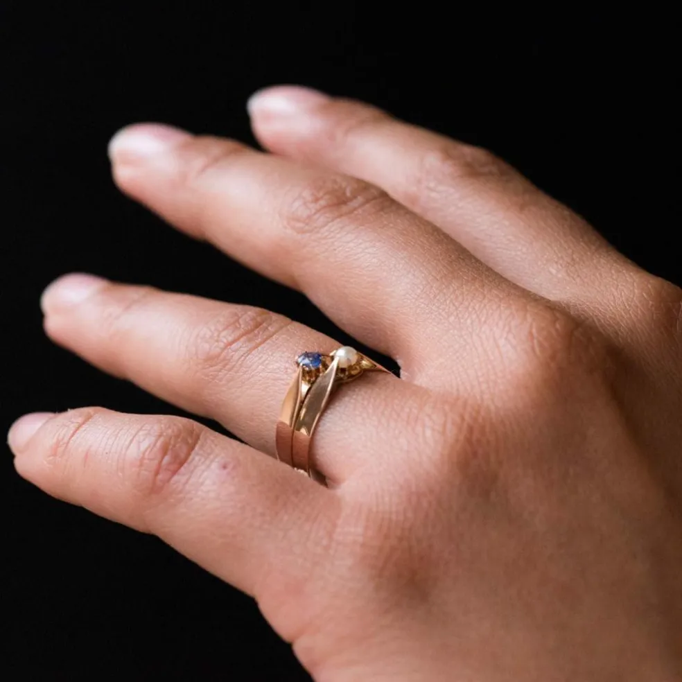 Bague ancienne or rose toi et moi perle fine saphir