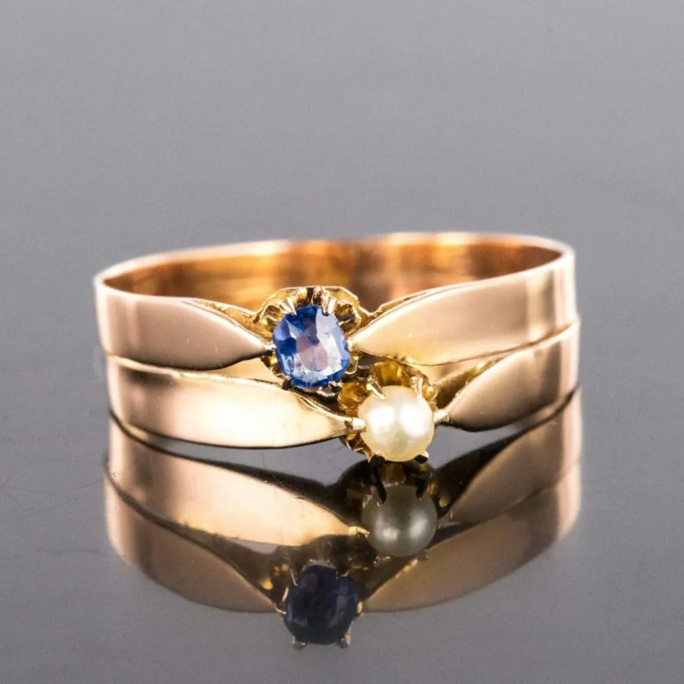 Bague ancienne or rose toi et moi perle fine saphir