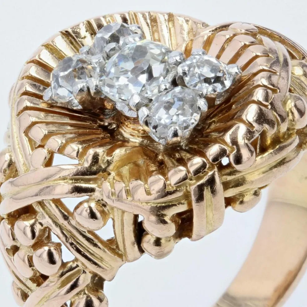 Bague ancienne or tressé et diamants