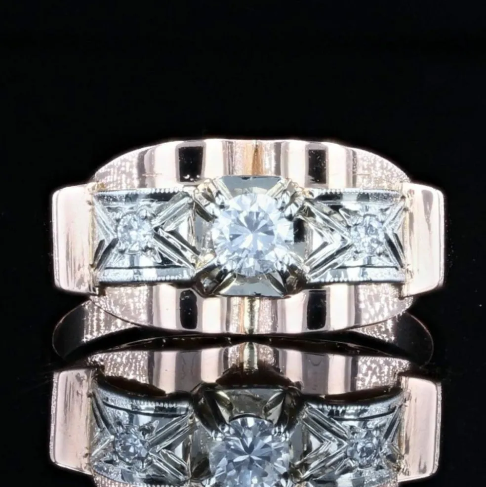 Bague ancienne rétro or rose diamants