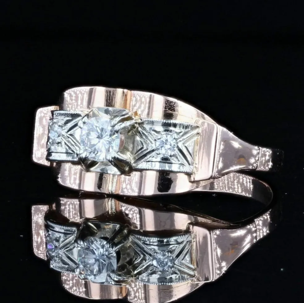 Bague ancienne rétro or rose diamants