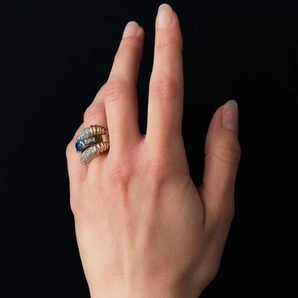Bague ancienne saphir diamants à godrons