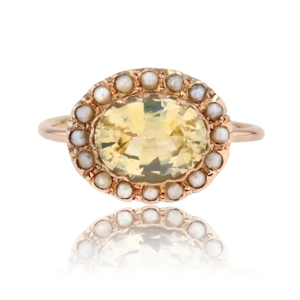 Bague ancienne saphir jaune naturel et perles fines