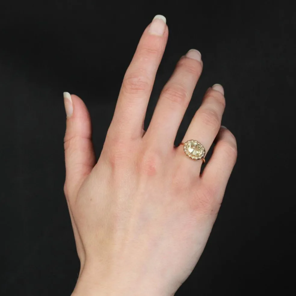 Bague ancienne saphir jaune naturel et perles fines