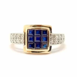 Bague ancienne saphirs calibrés diamants deux ors