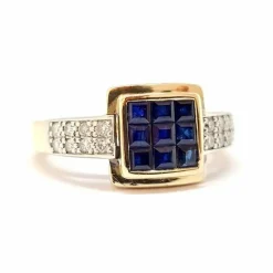 Bague ancienne saphirs calibrés diamants deux ors
