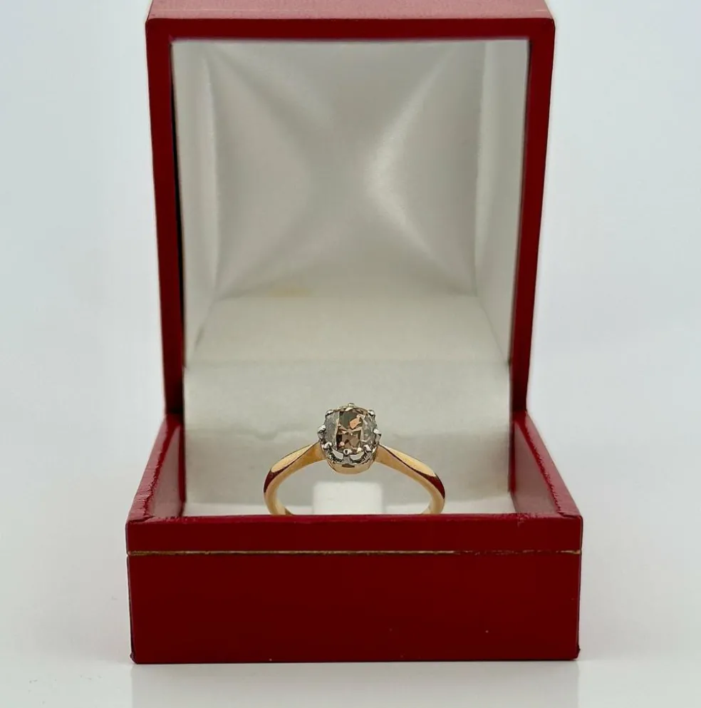 Bague ancienne solitaire or et platine diamant brun