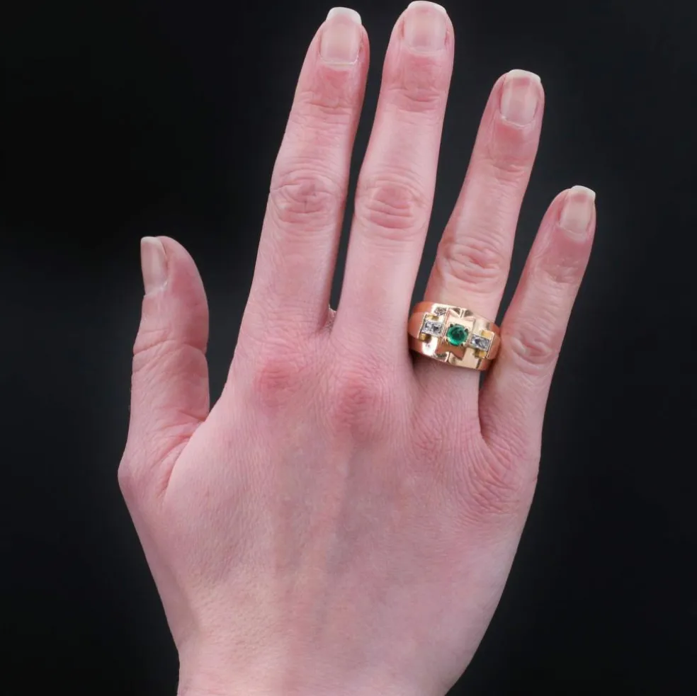 Bague ancienne tank émeraude diamants